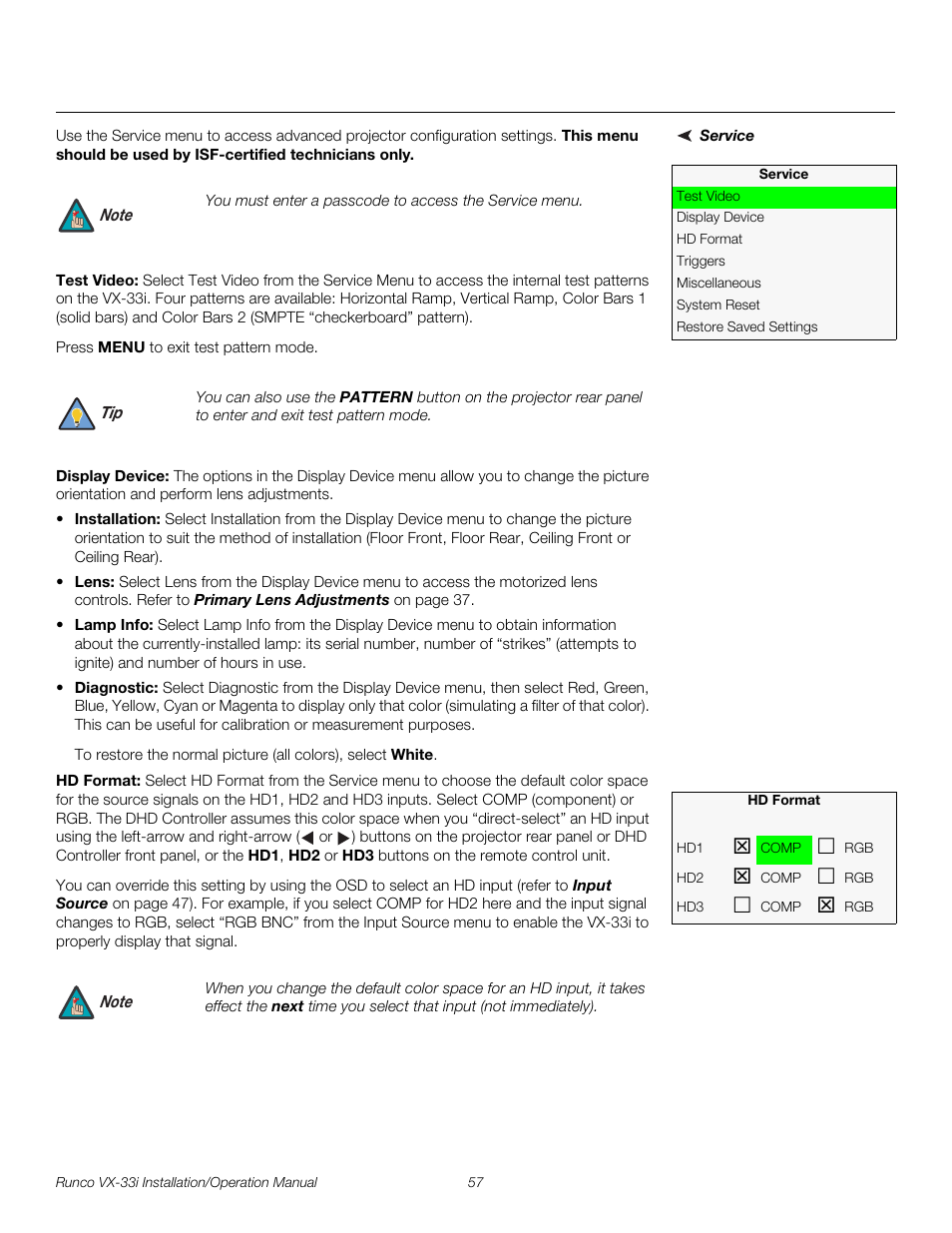 Service, Test video, Display device | Hd format, Pre l iminar y | Runco VX-33I User Manual | Page 73 / 92