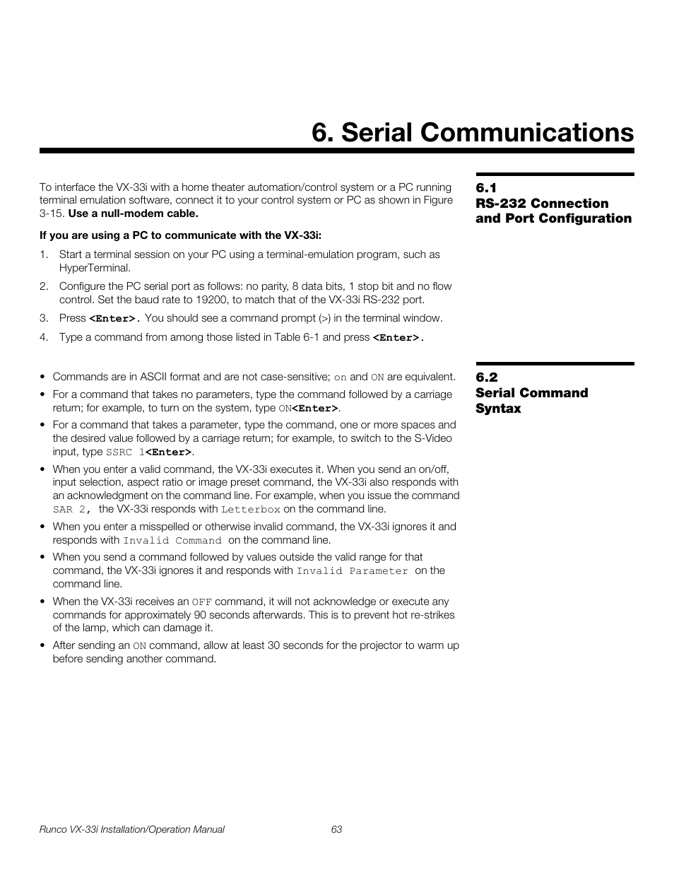 Serial communications, 1 rs-232 connection and port configuration, 2 serial command syntax | Rs-232 connection and port configuration, Serial command syntax, Pre l iminar y | Runco VX-33I User Manual | Page 79 / 92