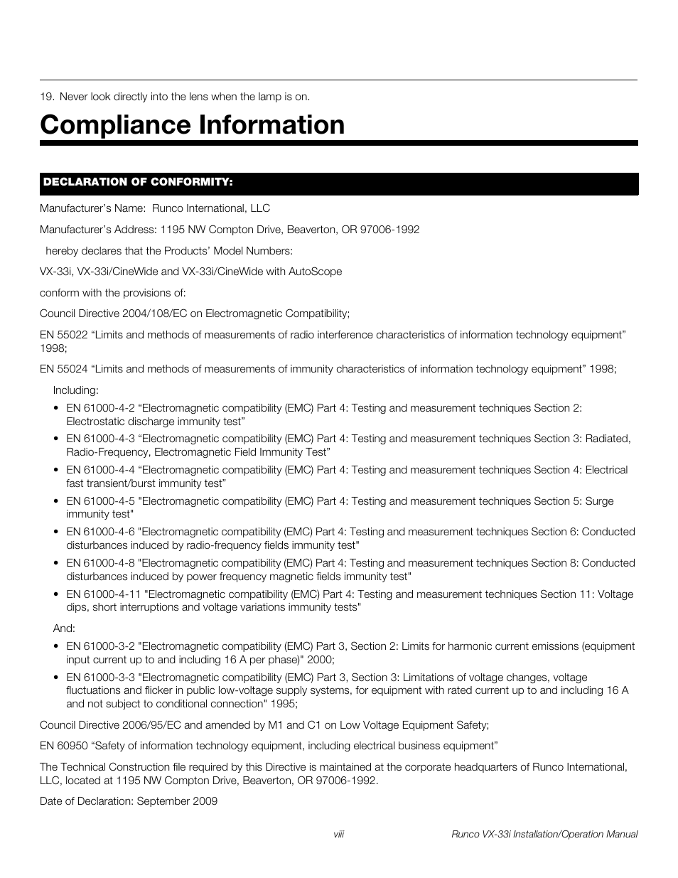 Compliance information, Pre l iminar y | Runco VX-33I User Manual | Page 8 / 92