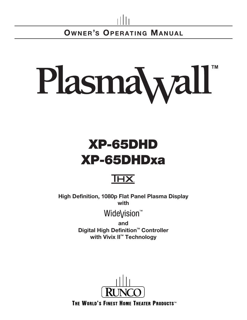 Runco PLASMAWALL XP-65DHDXA User Manual | 70 pages