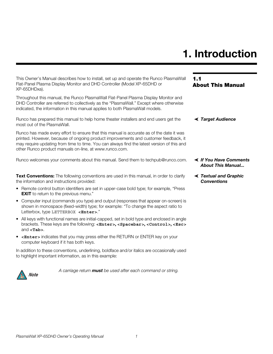 Introduction, 1 about this manual, Target audience | If you have comments about this manual, Textual and graphic conventions, Text conventions, About this manual, Pre l iminar y | Runco PLASMAWALL XP-65DHDXA User Manual | Page 11 / 70