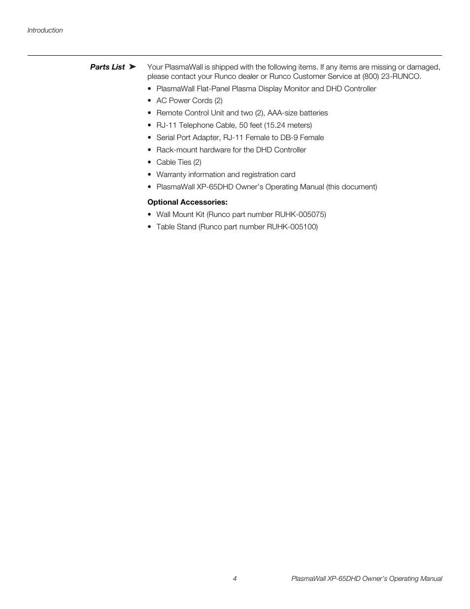 Parts list, Optional accessories, Pre l iminar y | Runco PLASMAWALL XP-65DHDXA User Manual | Page 14 / 70