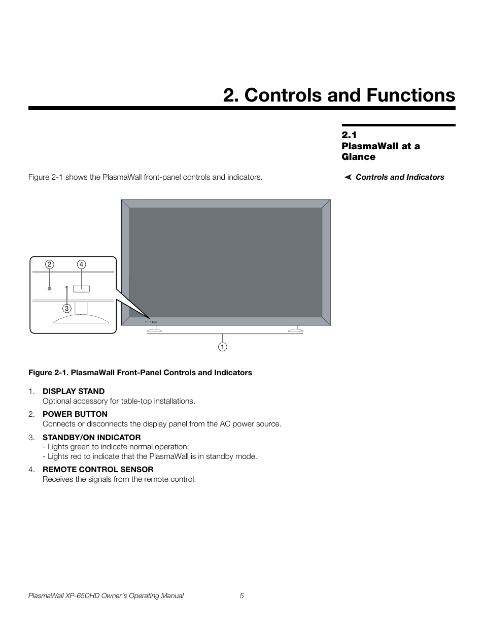 Controls and functions, 1 plasmawall at a glance, Controls and indicators | Iminar, Plasmawall at a glance, 1. plasmawall front-panel controls and indicators, Pre l iminar y | Runco PLASMAWALL XP-65DHDXA User Manual | Page 15 / 70
