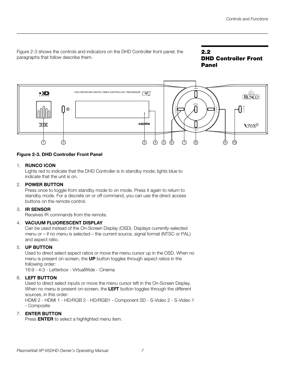 2 dhd controller front panel, Figure 2-3 . dhd controller front panel, Dhd controller front panel | 3. dhd controller front panel, Pre l iminar y | Runco PLASMAWALL XP-65DHDXA User Manual | Page 17 / 70