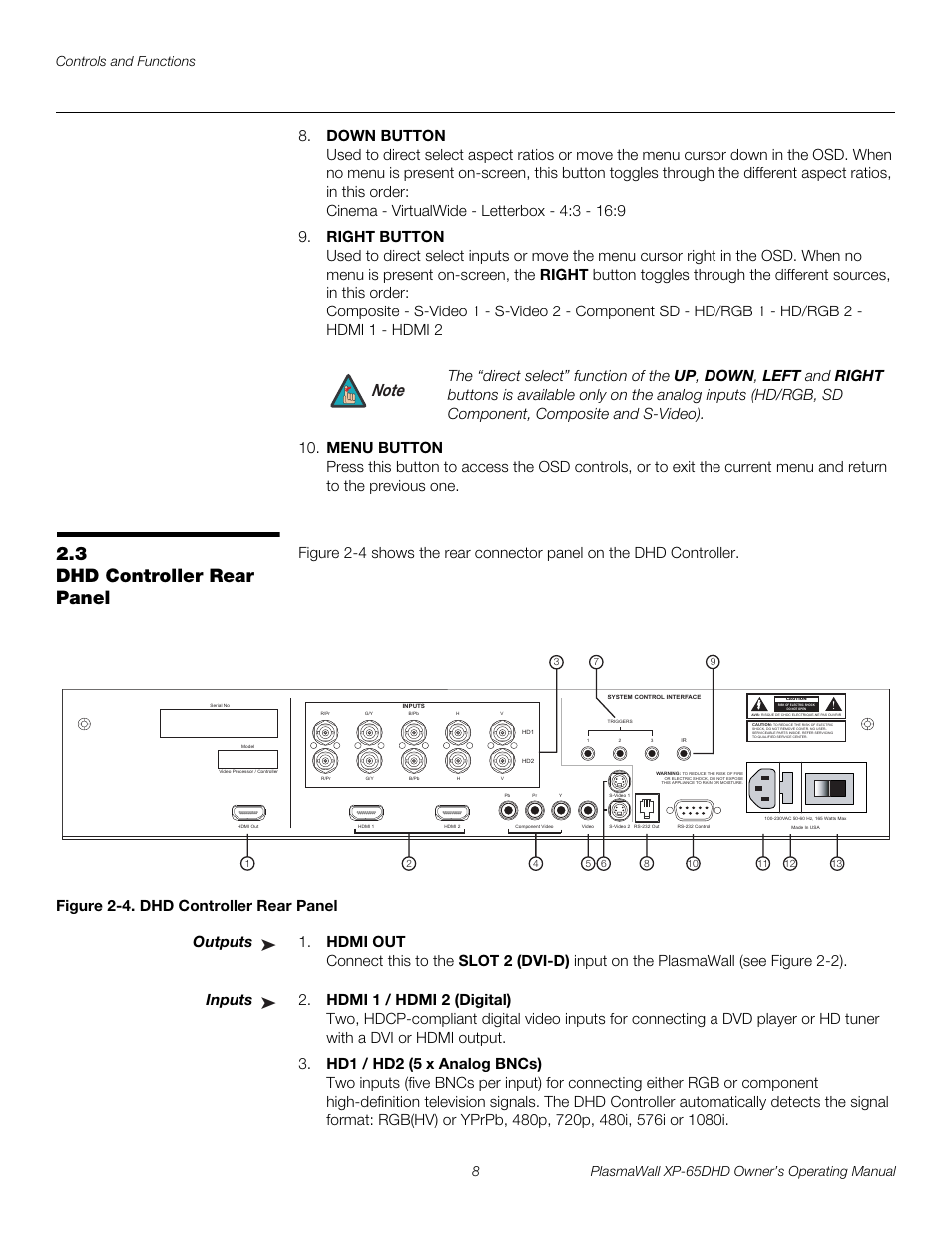 3 dhd controller rear panel, Figure 2-4 . dhd controller rear panel, Outputs | Inputs, Dhd controller rear panel, 4. dhd controller rear panel, Pre l iminar y | Runco PLASMAWALL XP-65DHDXA User Manual | Page 18 / 70