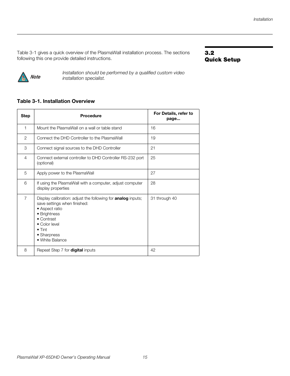 2 quick setup, Table 3-1 . installation overview, Quick setup | Pre l iminar y | Runco PLASMAWALL XP-65DHDXA User Manual | Page 25 / 70