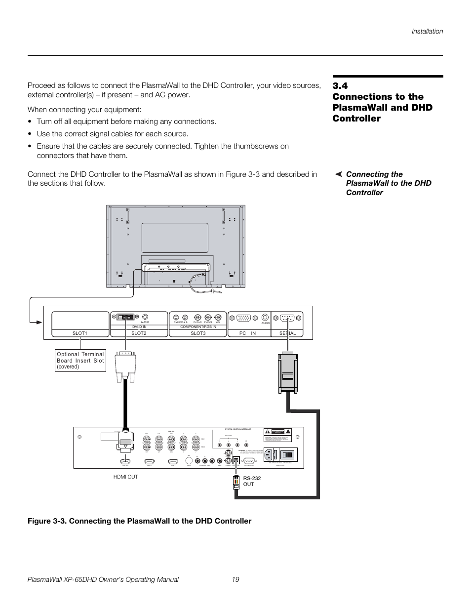 4 connections to the plasmawall and dhd controller, Connecting the plasmawall to the dhd controller, Connections to the plasmawall and dhd controller | 3. connecting the plasmawall to the dhd controller, Pre l iminar y, Risk of electric shock do not open | Runco PLASMAWALL XP-65DHDXA User Manual | Page 29 / 70