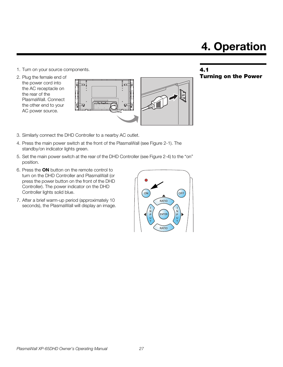 Operation, 1 turning on the power, Turning on the power | Pre l iminar y | Runco PLASMAWALL XP-65DHDXA User Manual | Page 37 / 70