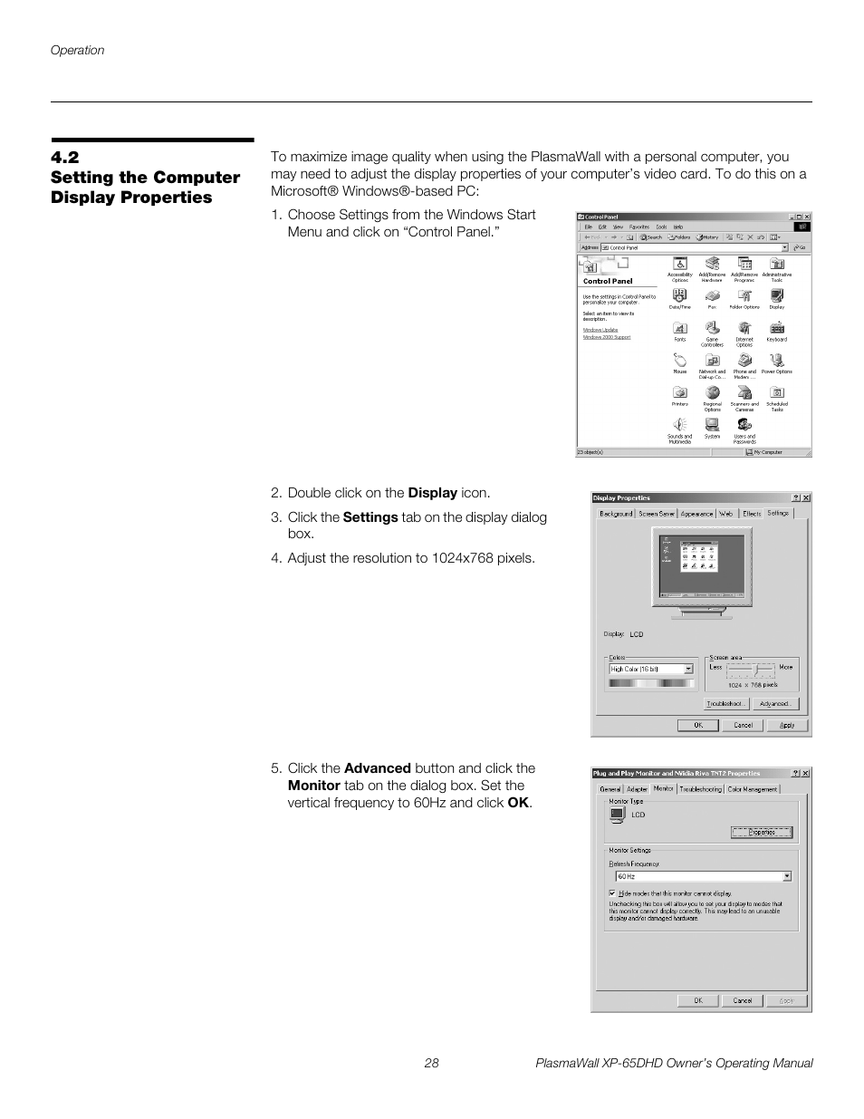 2 setting the computer display properties, Setting the computer display properties, Iminar | Pre l iminar y | Runco PLASMAWALL XP-65DHDXA User Manual | Page 38 / 70