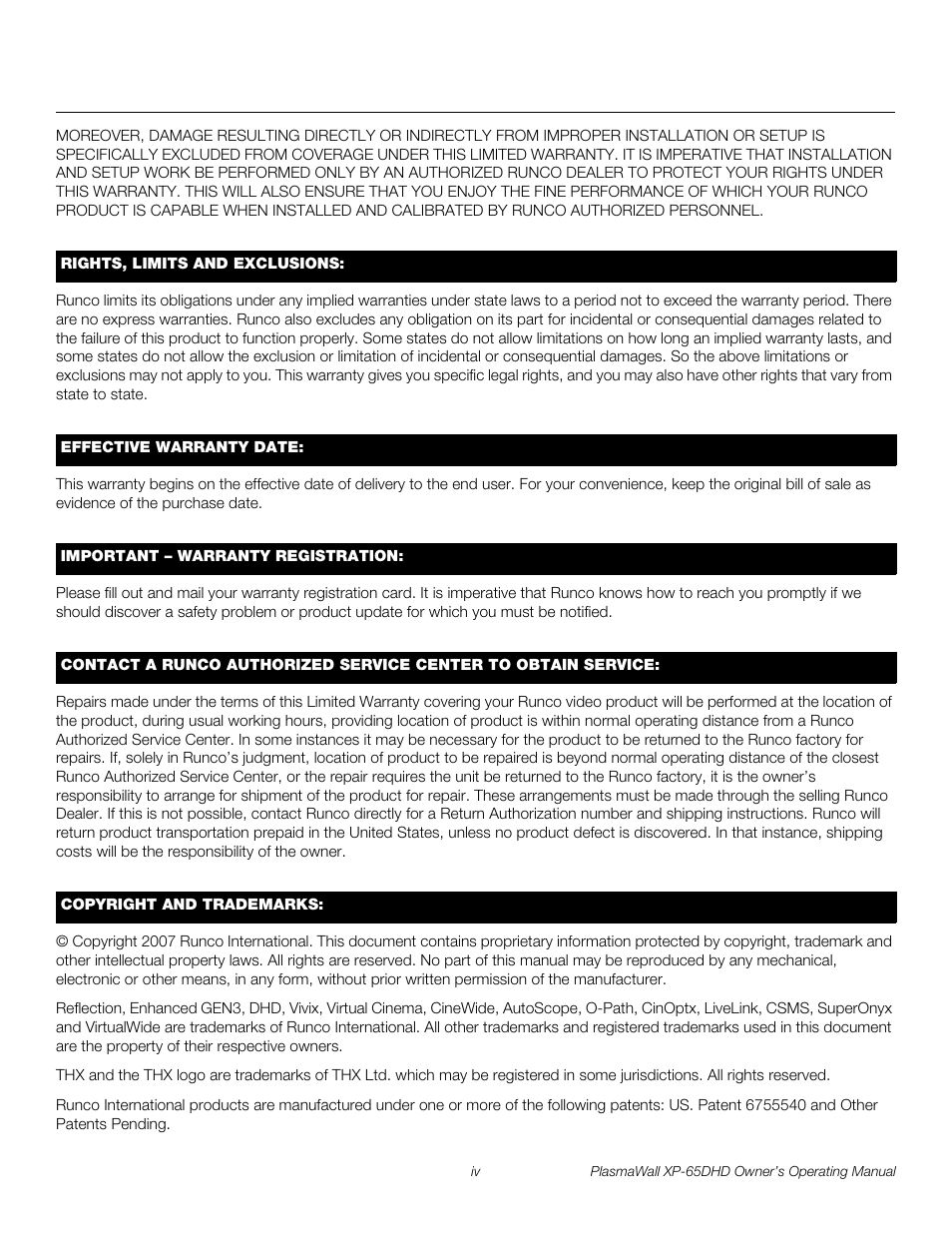 Pre l iminar y | Runco PLASMAWALL XP-65DHDXA User Manual | Page 4 / 70