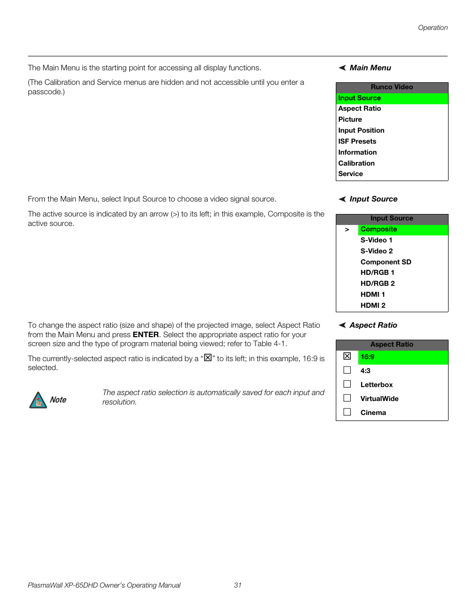 Main menu, Input source, Aspect ratio | Pre l iminar y | Runco PLASMAWALL XP-65DHDXA User Manual | Page 41 / 70