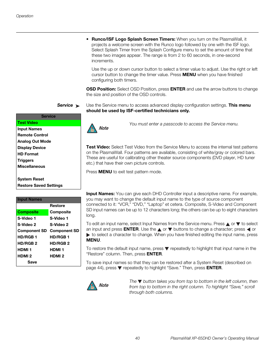 Osd position, Service, Test video | Input names, H 40, Pre l iminar y | Runco PLASMAWALL XP-65DHDXA User Manual | Page 50 / 70