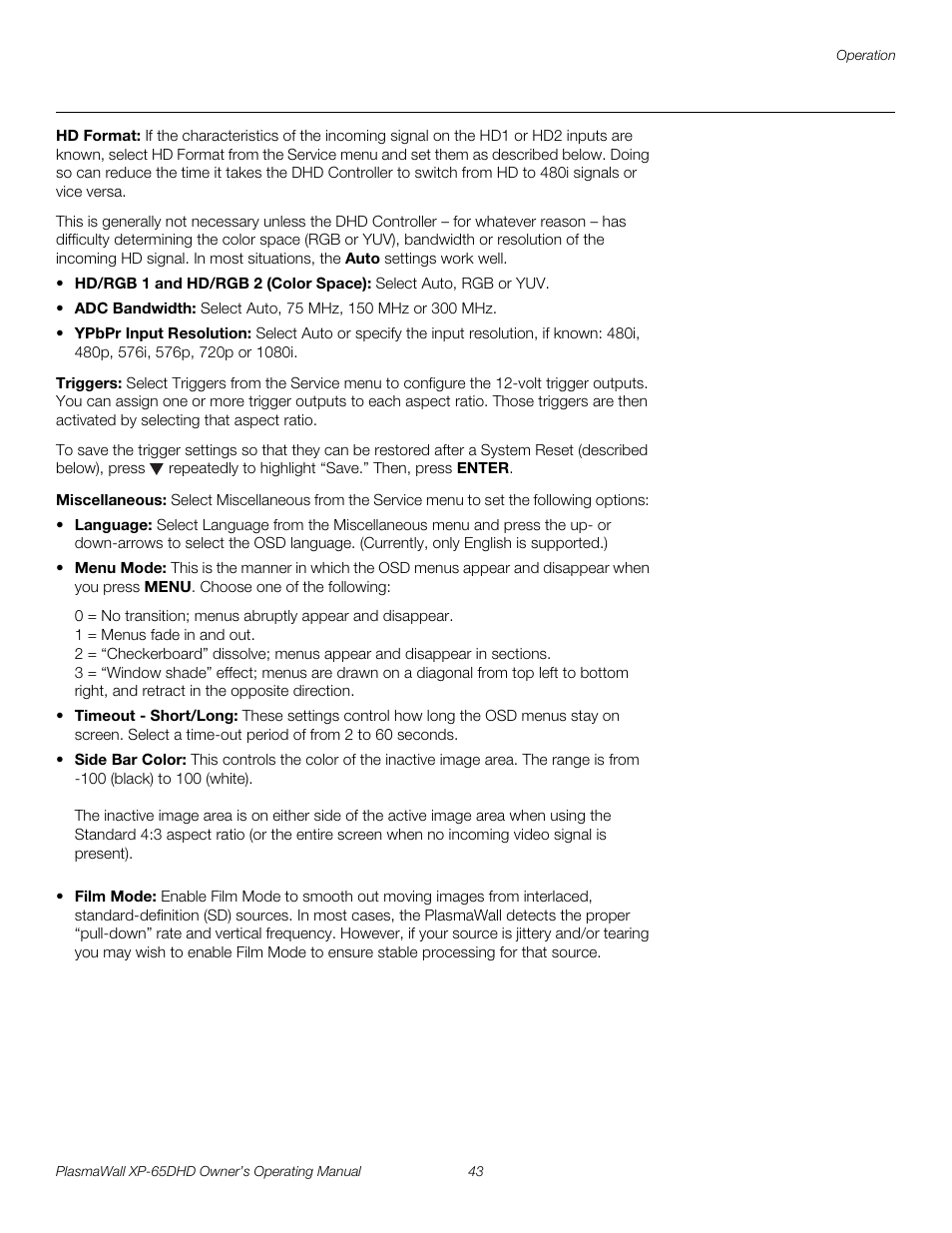 Hd format, Triggers, Miscellaneous | Pre l iminar y | Runco PLASMAWALL XP-65DHDXA User Manual | Page 53 / 70