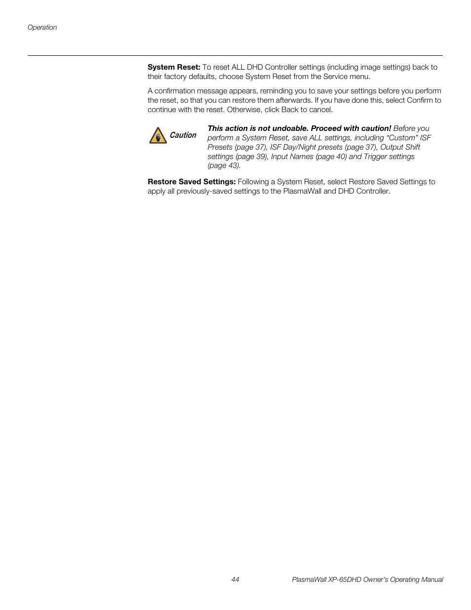 System reset, Restore saved settings, System reset, y | Restore saved settings in t, System reset an, Pre l iminar y | Runco PLASMAWALL XP-65DHDXA User Manual | Page 54 / 70