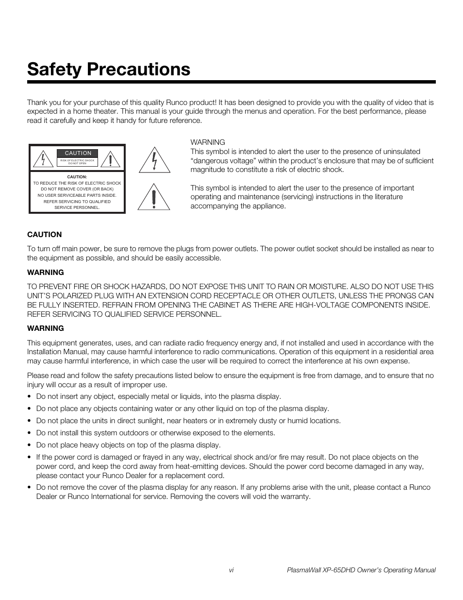 Safety precautions, Pre l iminar y | Runco PLASMAWALL XP-65DHDXA User Manual | Page 6 / 70