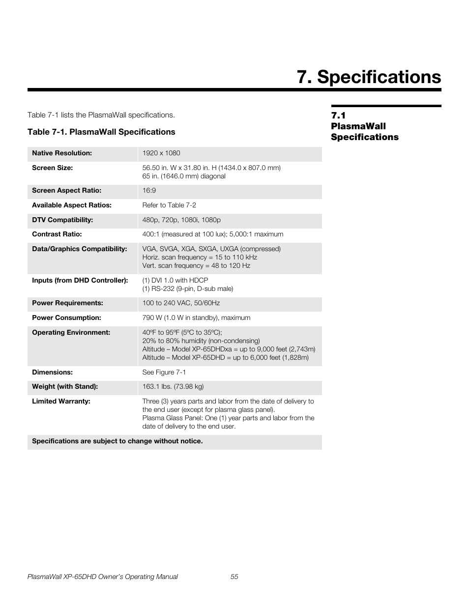 Specifications, 1 plasmawall specifications, Table 7-1 . plasmawall specifications | Plasmawall specifications, Pre l iminar y | Runco PLASMAWALL XP-65DHDXA User Manual | Page 65 / 70