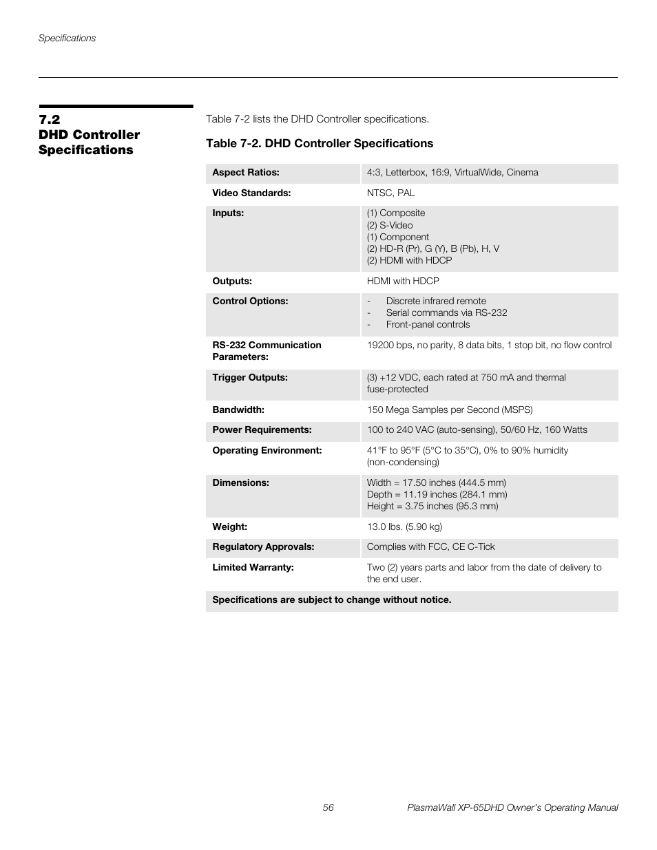 2 dhd controller specifications, Table 7-2 . dhd controller specifications, Dhd controller specifications | Pre l iminar y | Runco PLASMAWALL XP-65DHDXA User Manual | Page 66 / 70