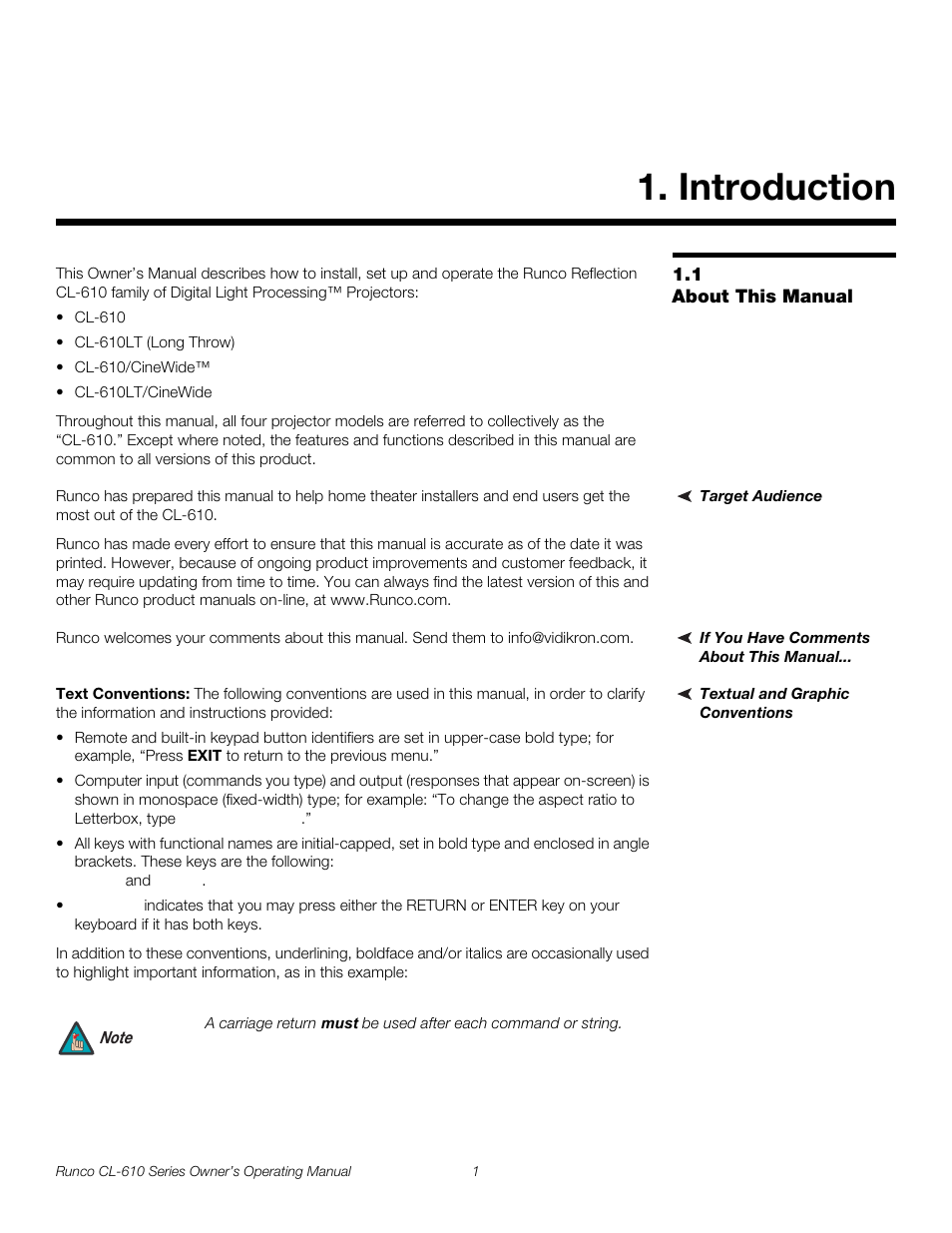 Introduction, 1 about this manual, Target audience | If you have comments about this manual, Textual and graphic conventions, Text conventions, About this manual, Pre l iminar y | Runco CL-610 User Manual | Page 13 / 76