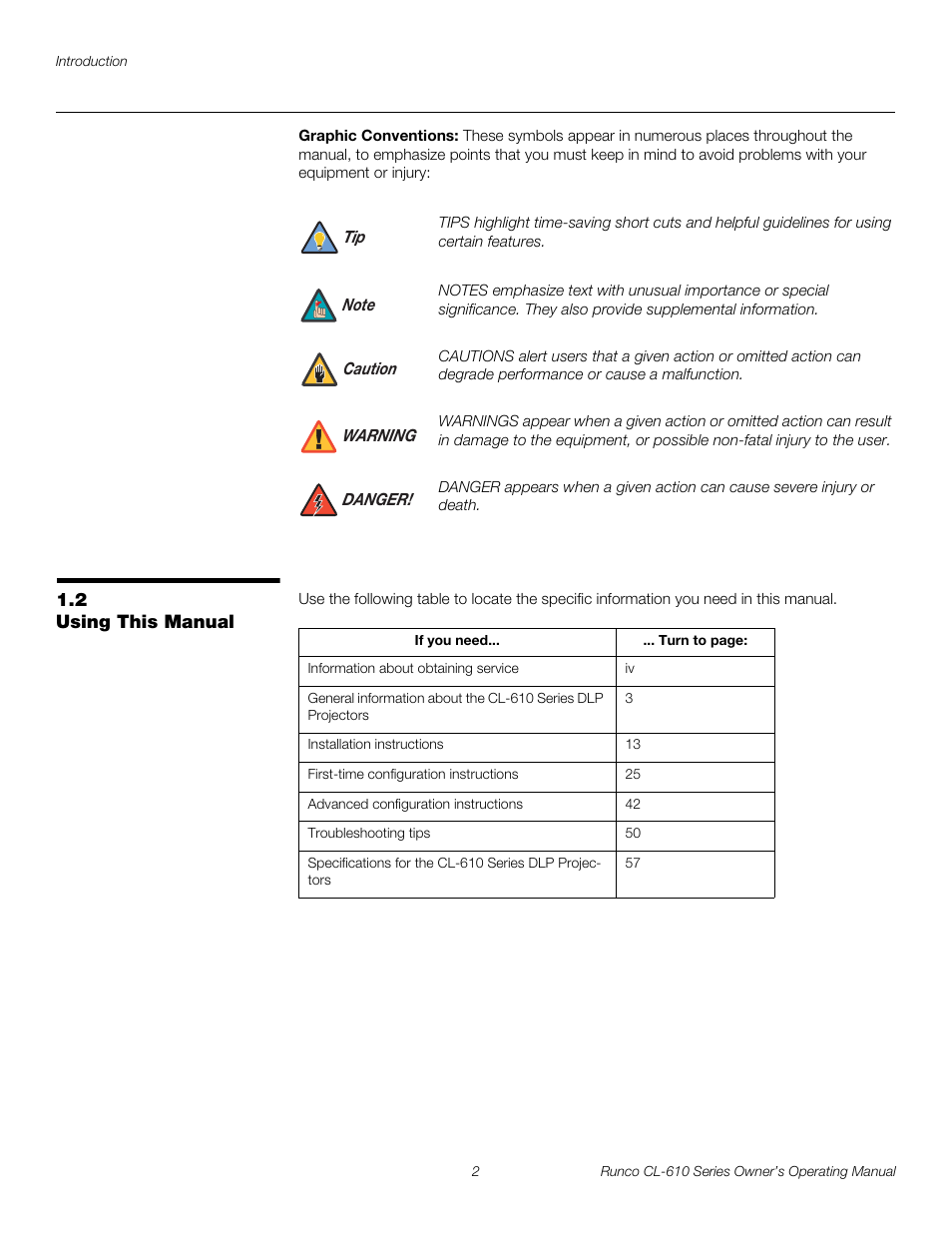 Graphic conventions, 2 using this manual, Using this manual | Pre l iminar y | Runco CL-610 User Manual | Page 14 / 76