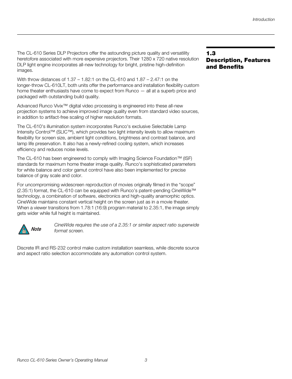 3 description, features and benefits, Description, features and benefits, Pre l iminar y | Runco CL-610 User Manual | Page 15 / 76