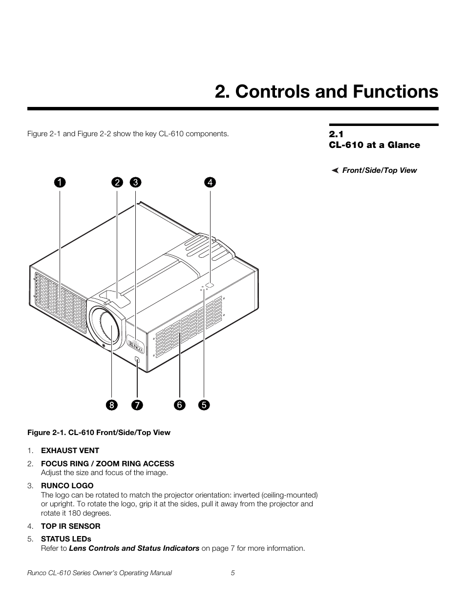 Controls and functions, 1 cl-610 at a glance, Front/side/top view | Figure 2-1 . cl-610 front/side/top view, Iminar, Cl-610 at a glance, 1. cl-610 front/side/top view, Pre l iminar y | Runco CL-610 User Manual | Page 17 / 76