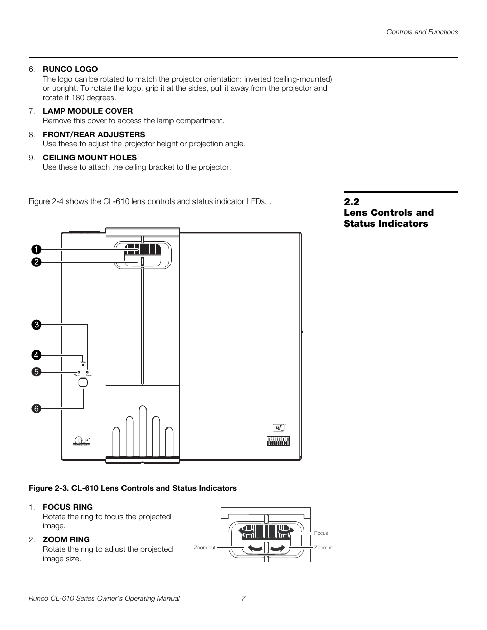 2 lens controls and status indicators, Lens controls and status indicators, 3. cl-610 lens controls and status indicators | Pre l iminar y | Runco CL-610 User Manual | Page 19 / 76