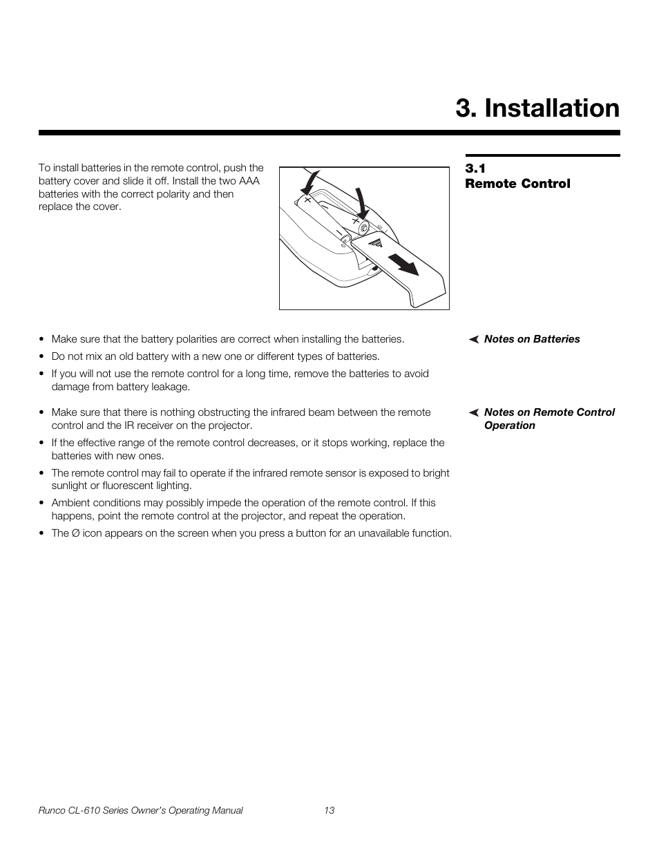Installation, 1 remote control, Notes on batteries | Notes on remote control operation, Remote control, Pre l iminar y | Runco CL-610 User Manual | Page 25 / 76