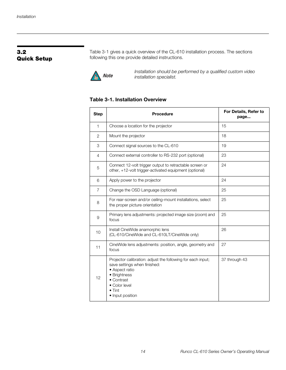 2 quick setup, Table 3-1 . installation overview, Quick setup | Pre l iminar y | Runco CL-610 User Manual | Page 26 / 76
