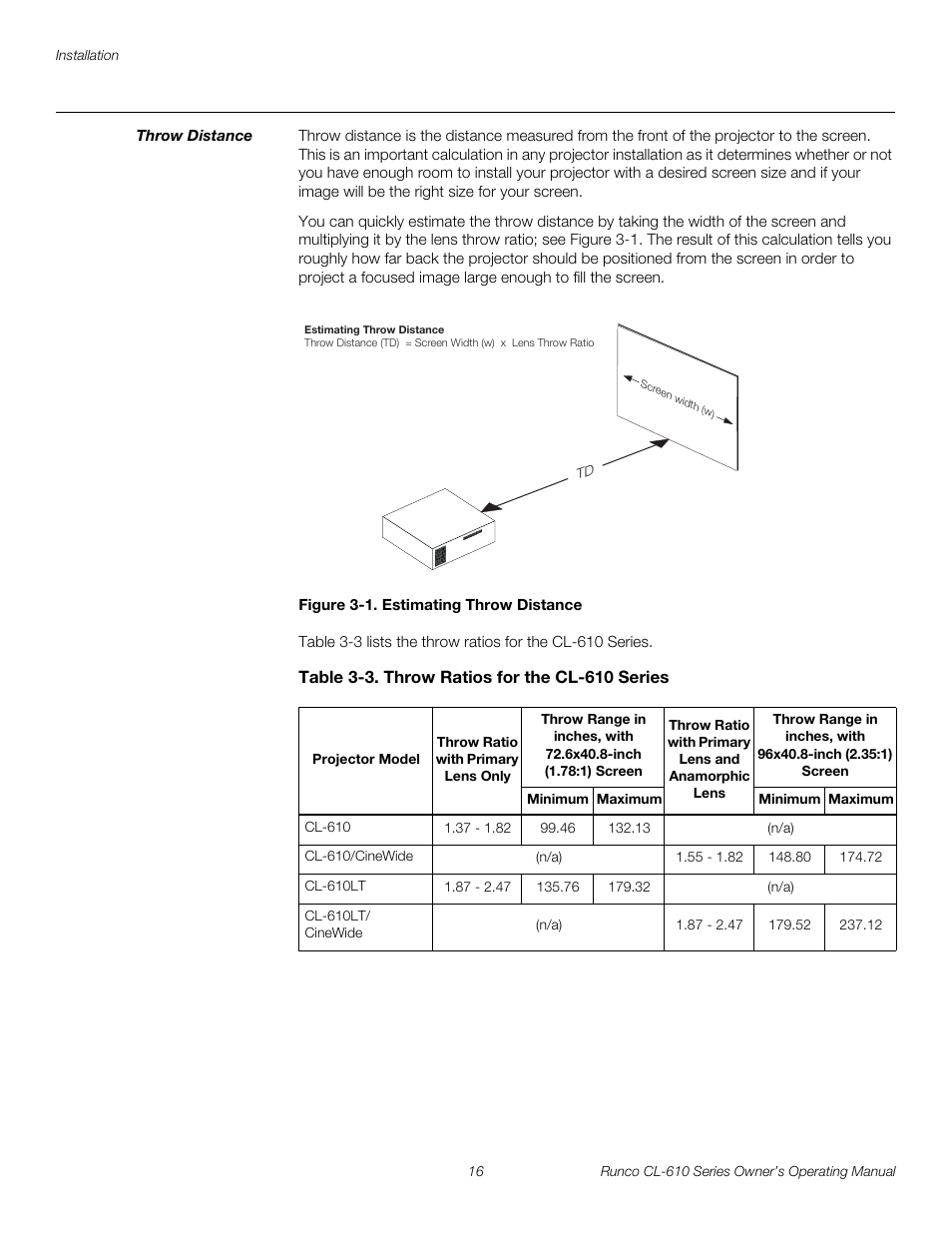 Throw distance, Figure 3-1 . estimating throw distance, Table 3-3 . throw ratios for the cl-610 series | 1. estimating throw distance, Pre l iminar y | Runco CL-610 User Manual | Page 28 / 76