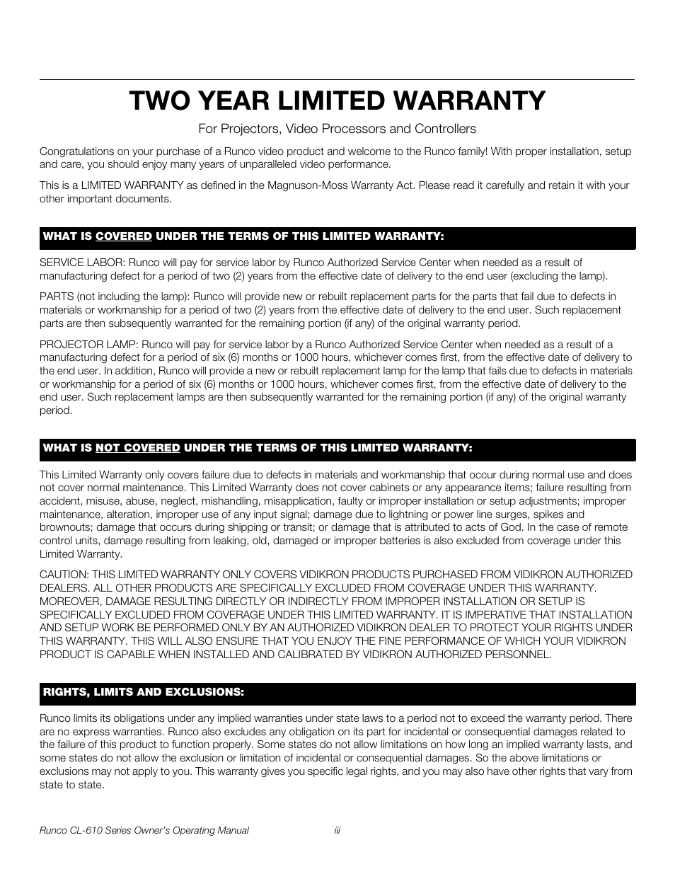 Two year limited warranty, Pre l iminar y | Runco CL-610 User Manual | Page 3 / 76