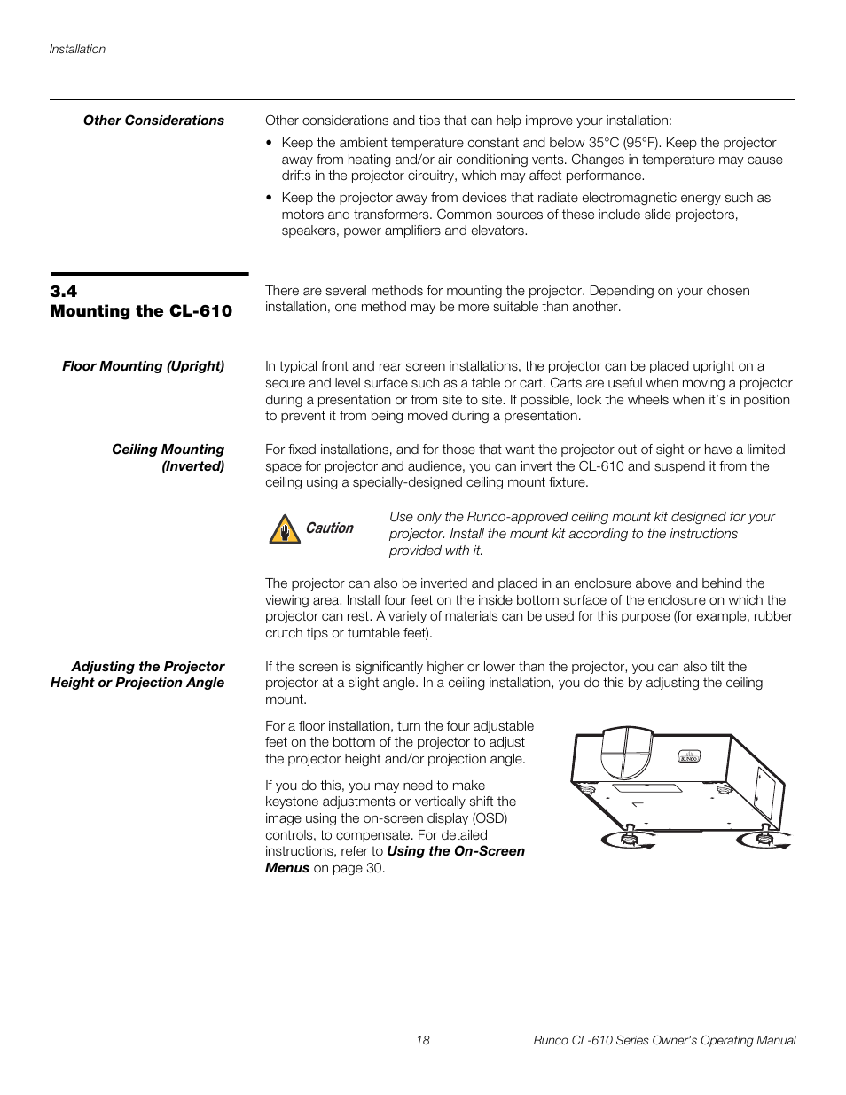 Other considerations, 4 mounting the cl-610, Floor mounting (upright) | Ceiling mounting (inverted), Adjusting the projector height or projection angle, Mounting the cl-610, Pre l iminar y | Runco CL-610 User Manual | Page 30 / 76