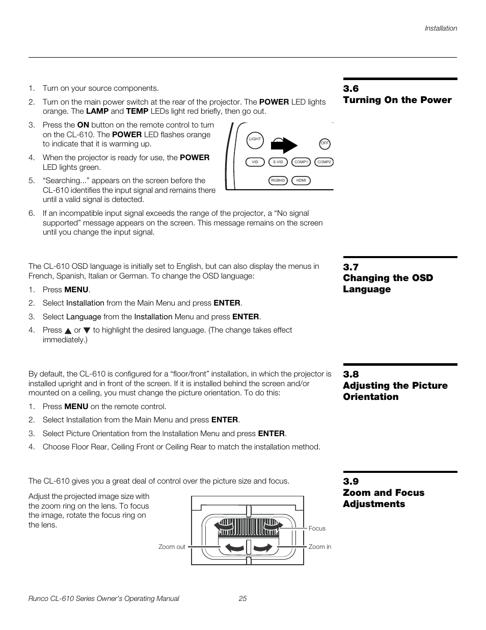 6 turning on the power, 7 changing the osd language, 8 adjusting the picture orientation | 9 zoom and focus adjustments, Turning on the power, Changing the osd language, Adjusting the picture orientation, Zoom and focus adjustments, Pre l iminar y | Runco CL-610 User Manual | Page 37 / 76