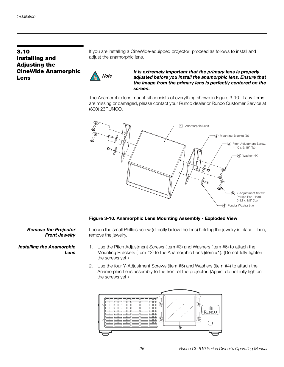 Remove the projector front jewelry, Installing the anamorphic lens, Pre l iminar y | Runco CL-610 User Manual | Page 38 / 76