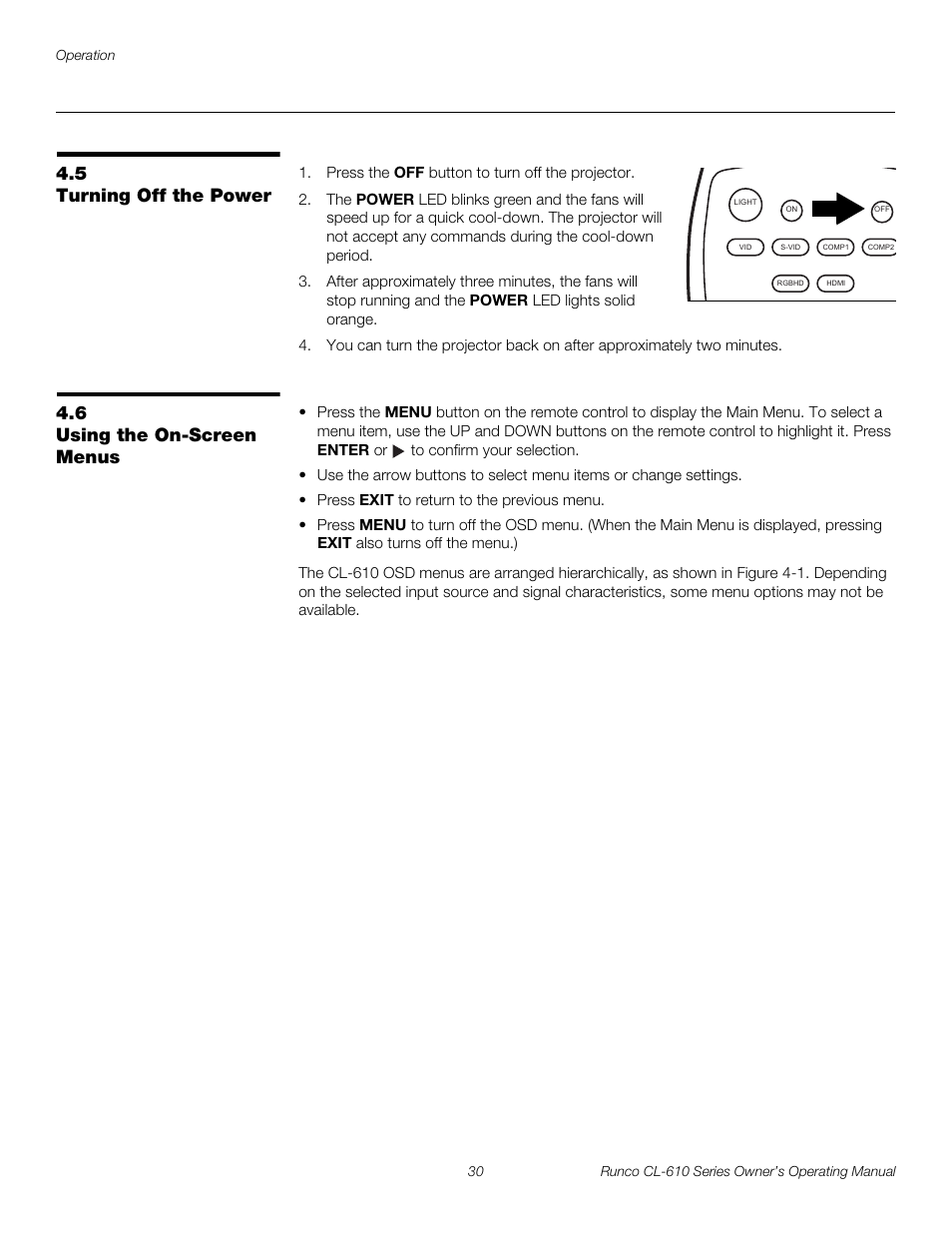 5 turning off the power, 6 using the on-screen menus, Turning off the power | Using the on-screen menus, Pre l iminar y | Runco CL-610 User Manual | Page 42 / 76