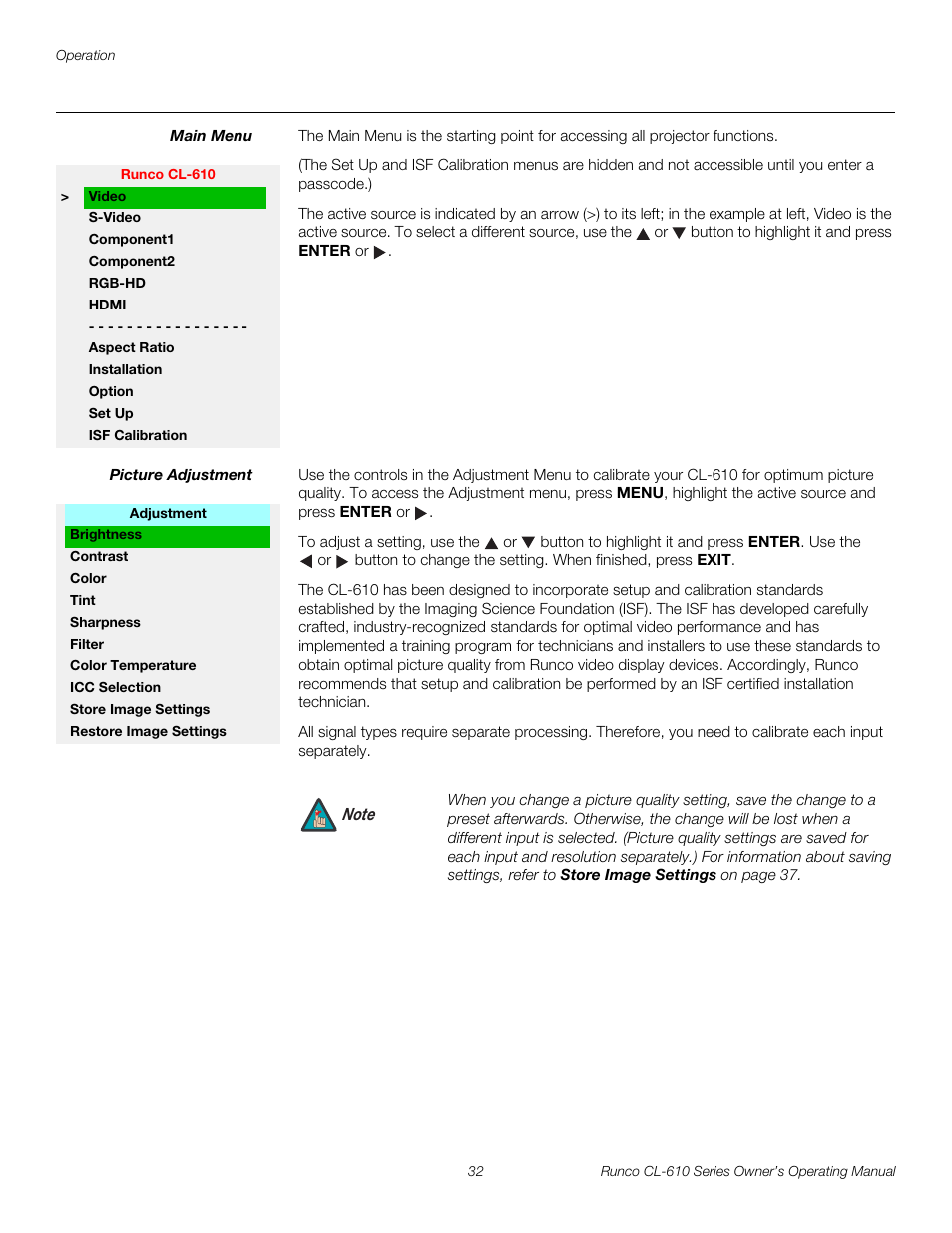 Main menu, Picture adjustment, Pre l iminar y | Runco CL-610 User Manual | Page 44 / 76