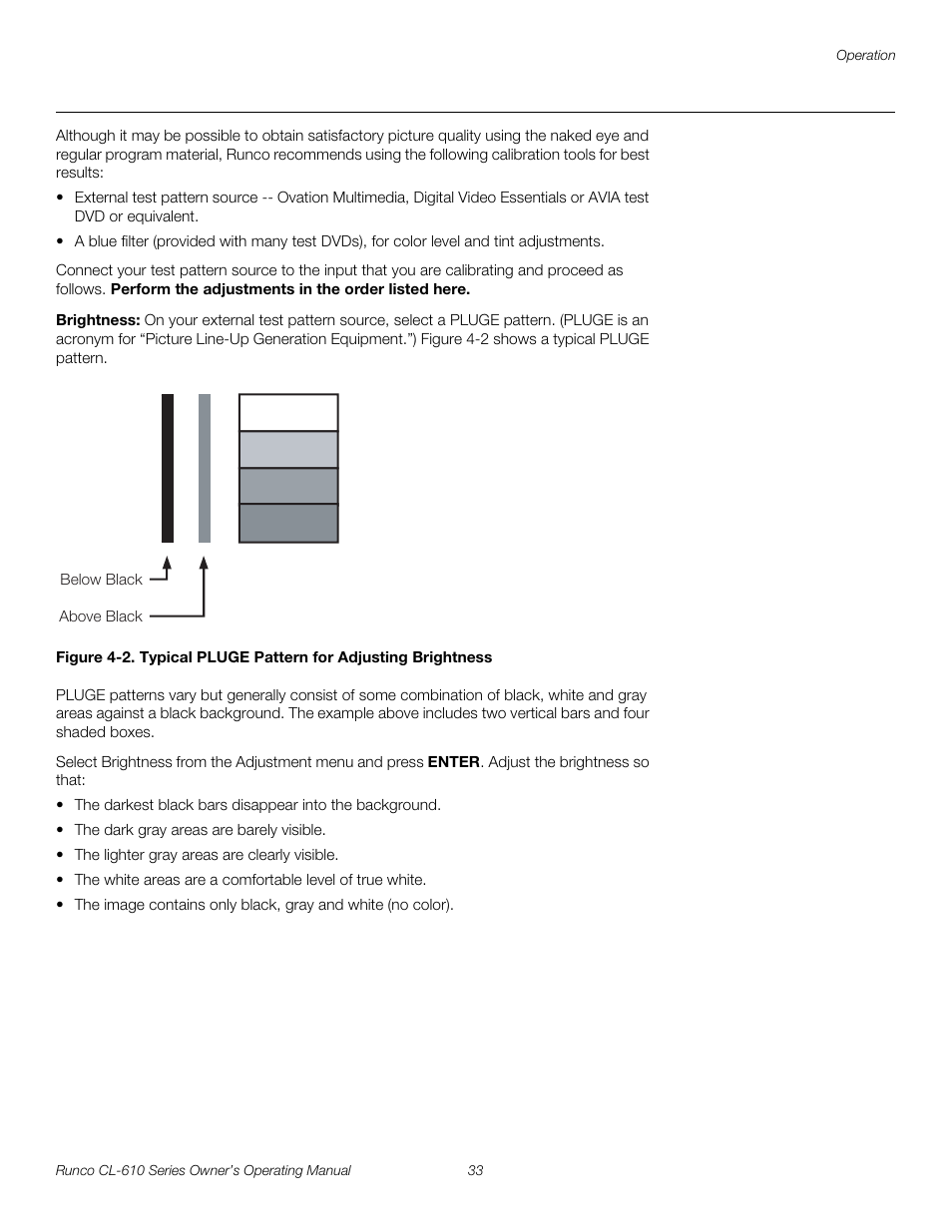 Brightness, 2. typical pluge pattern for adjusting brightness, Pre l iminar y | Runco CL-610 User Manual | Page 45 / 76