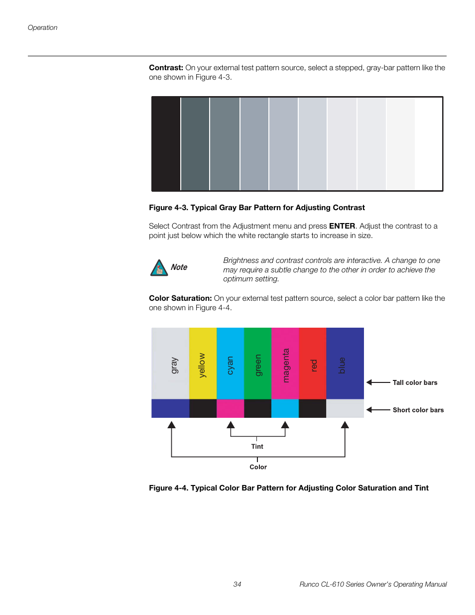 Contrast, Color saturation, 3. typical gray bar pattern for adjusting contrast | Pre l iminar y | Runco CL-610 User Manual | Page 46 / 76