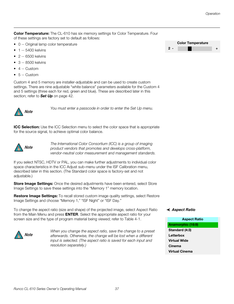 Color temperature, Icc selection, Store image settings | Restore image settings, Aspect ratio, Pre l iminar y | Runco CL-610 User Manual | Page 49 / 76