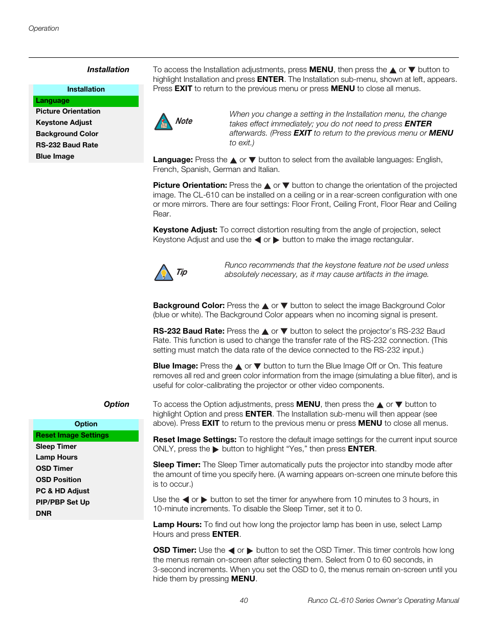 Installation, Language, Picture orientation | Keystone adjust, Background color, Rs-232 baud rate, Blue image, Option, Reset image settings, Sleep timer | Runco CL-610 User Manual | Page 52 / 76