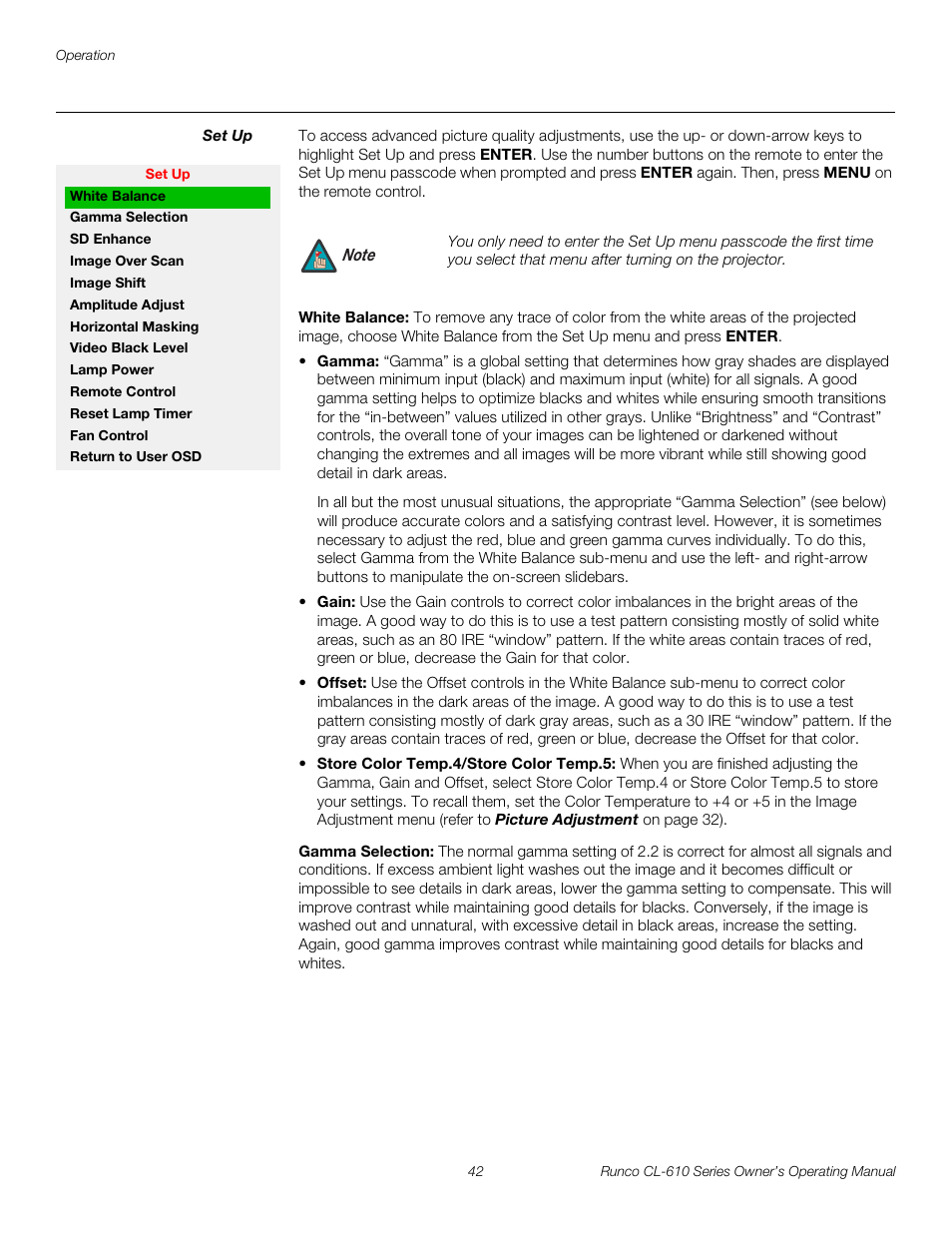 Set up, White balance, Gamma selection | Pre l iminar y | Runco CL-610 User Manual | Page 54 / 76