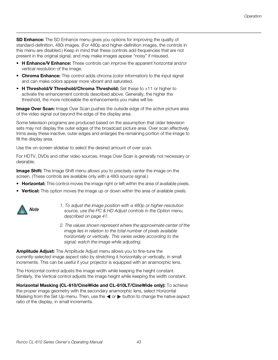 Sd enhance, Image over scan, Image shift | Amplitude adjust, H 43, Pre l iminar y | Runco CL-610 User Manual | Page 55 / 76