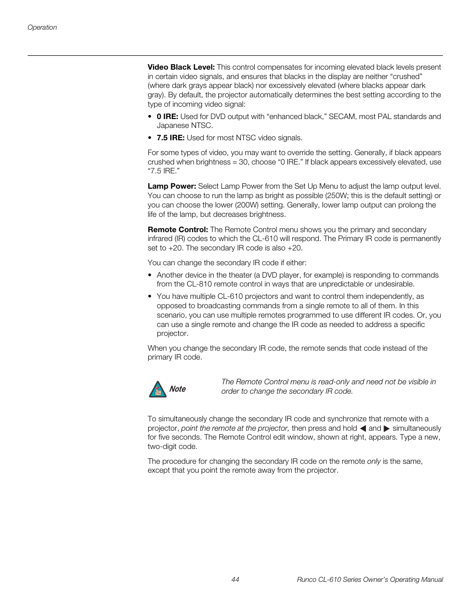 Video black level, Lamp power, Remote control | Pre l iminar y | Runco CL-610 User Manual | Page 56 / 76