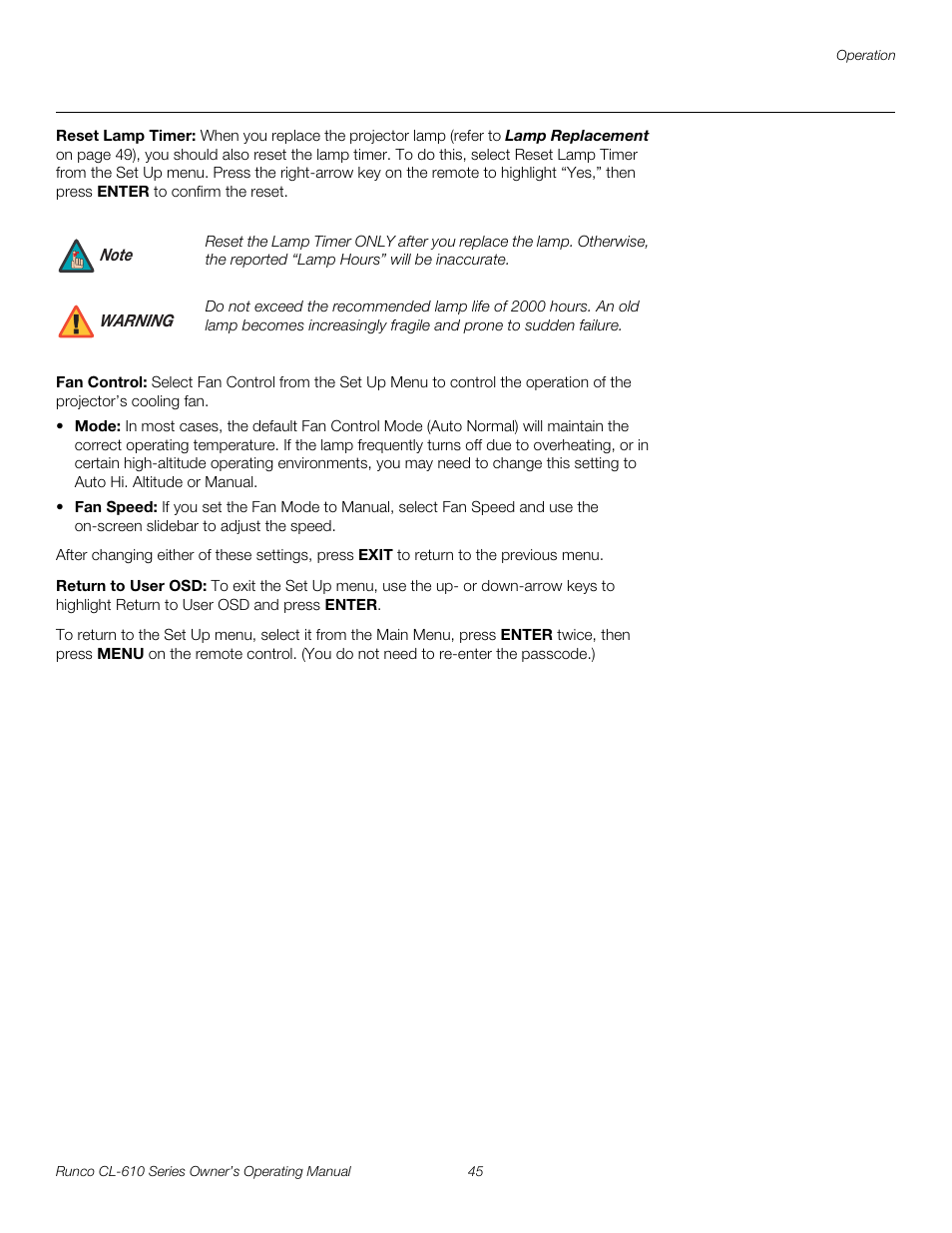 Reset lamp timer, Fan control, Return to user osd | Pre l iminar y | Runco CL-610 User Manual | Page 57 / 76