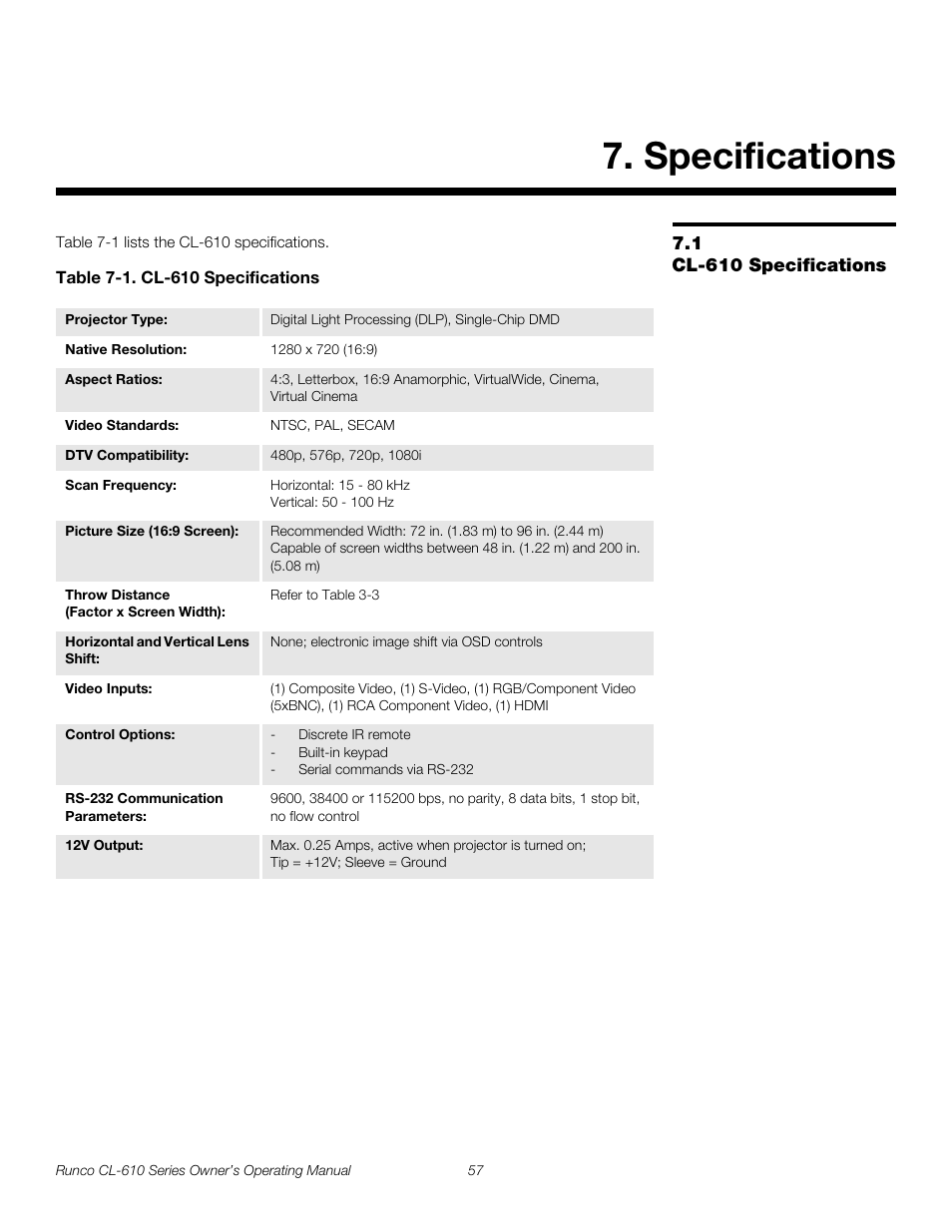 Specifications, 1 cl-610 specifications, Table 7-1 . cl-610 specifications | Cl-610 specifications, Pre l iminar y | Runco CL-610 User Manual | Page 69 / 76