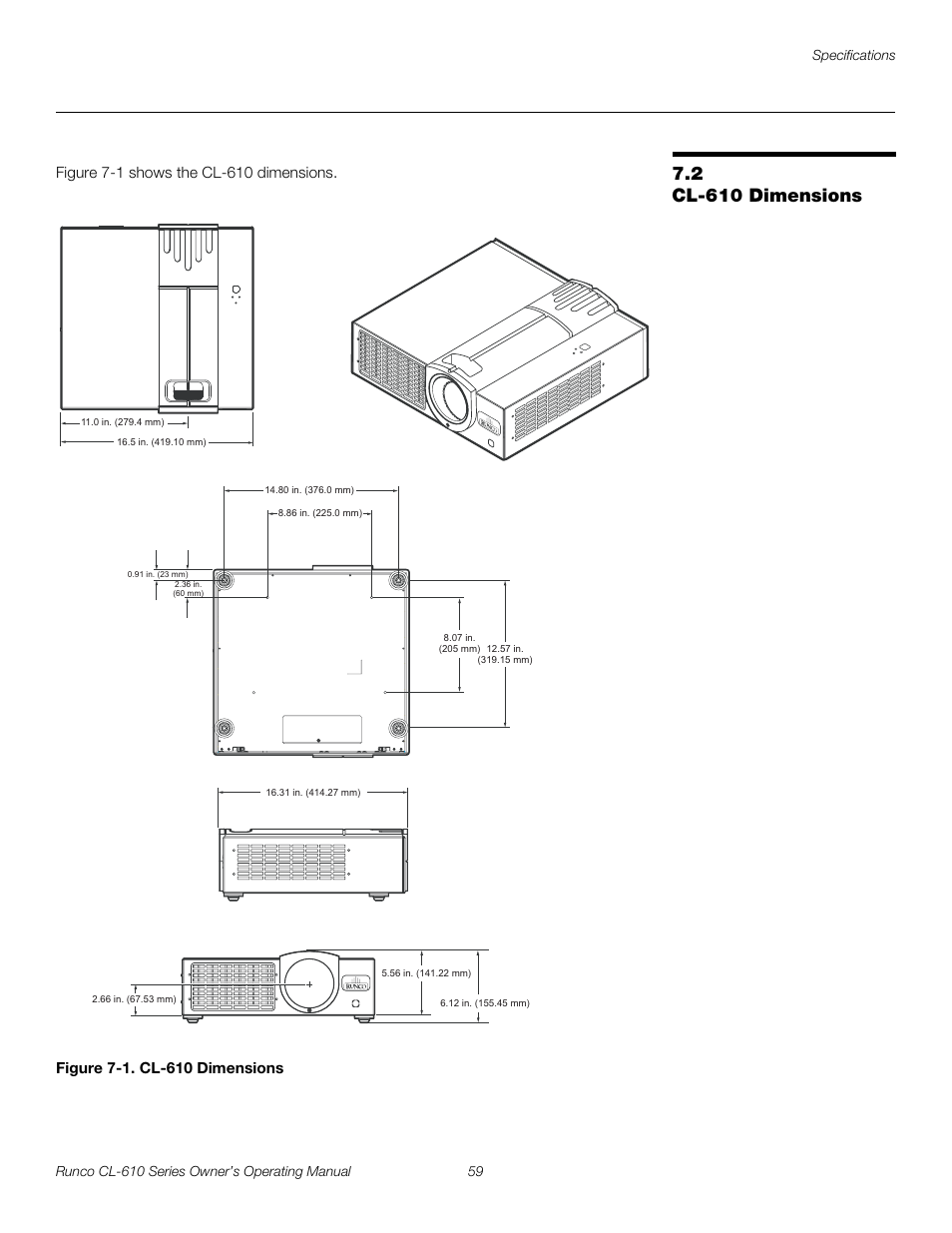 2 cl-610 dimensions, Figure 7-1 . cl-610 dimensions, Cl-610 dimensions | 1. cl-610 dimensions, Pre l iminar y | Runco CL-610 User Manual | Page 71 / 76