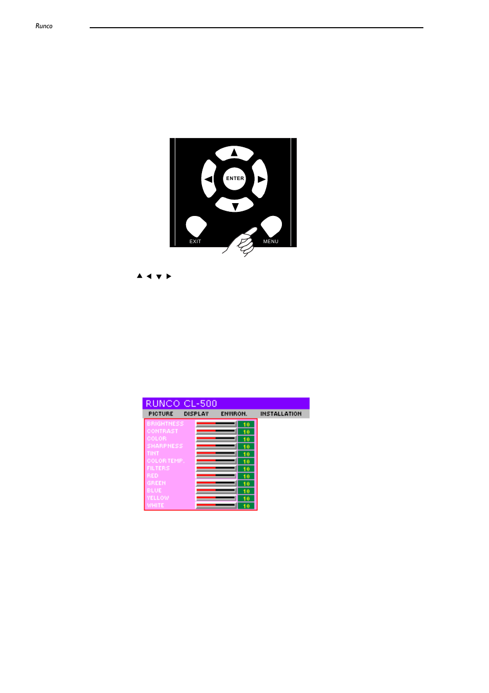 Menu, Using the menu, Picture setting page | Runco CL-500 User Manual | Page 22 / 32