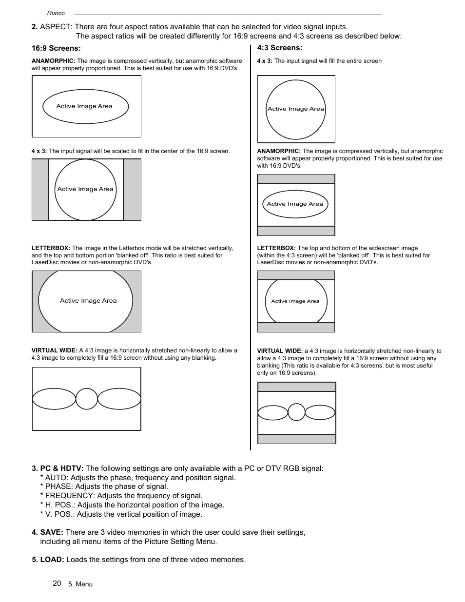 Anamorphic: for 16 : 9 dvds, Active image area, Phase: adjusts the phase of signal | Frequency: adjusts the frequency of signal, V. pos.: adjusts the vertical position of image | Runco CL-500 User Manual | Page 24 / 32