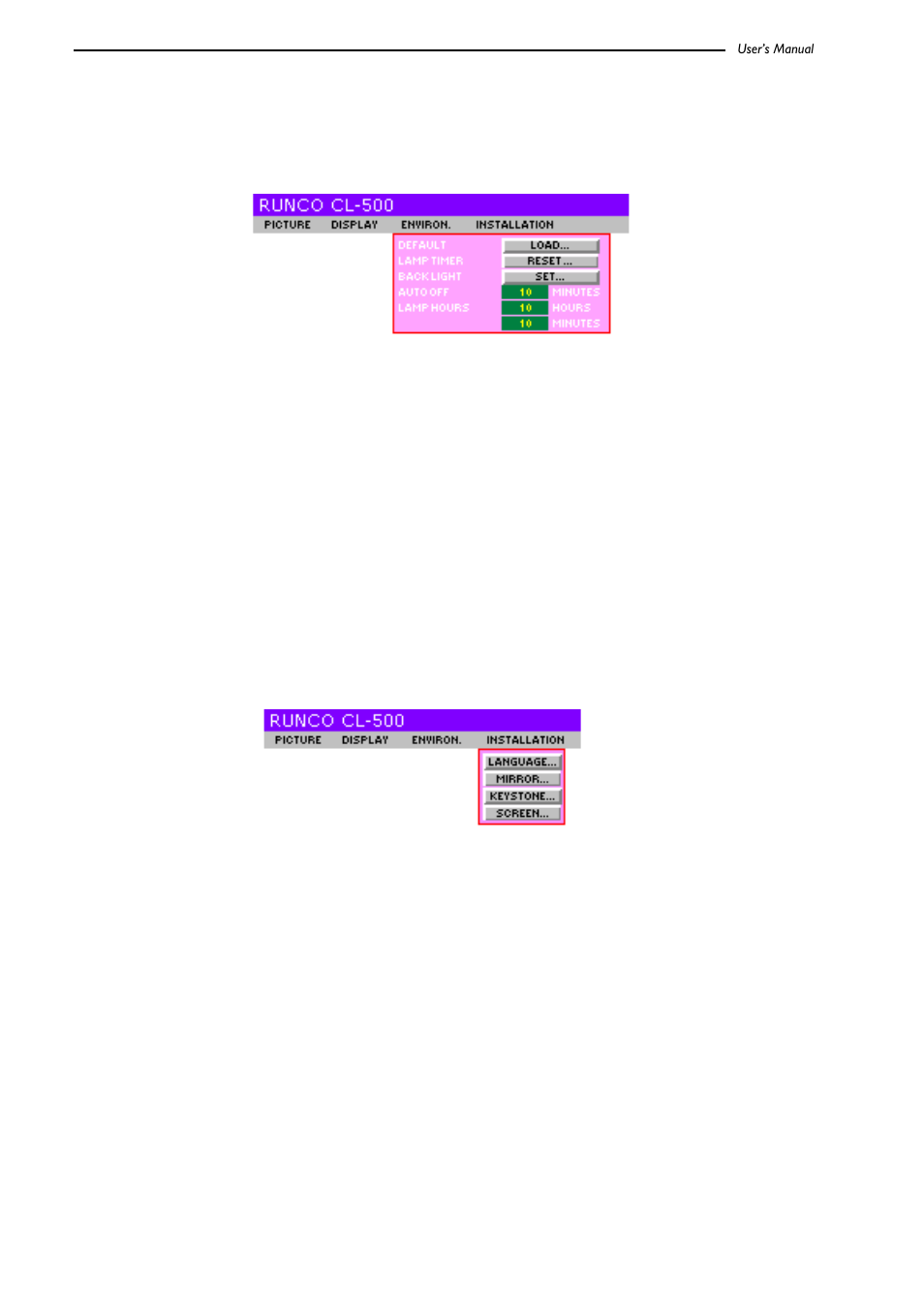 Back light: turn on/off the power on indicator, Floor front, Ceiling front | Floor rear, Ceiling rear, 4 x 3 n 16 x 9, Environment setting page, Install setting page | Runco CL-500 User Manual | Page 25 / 32