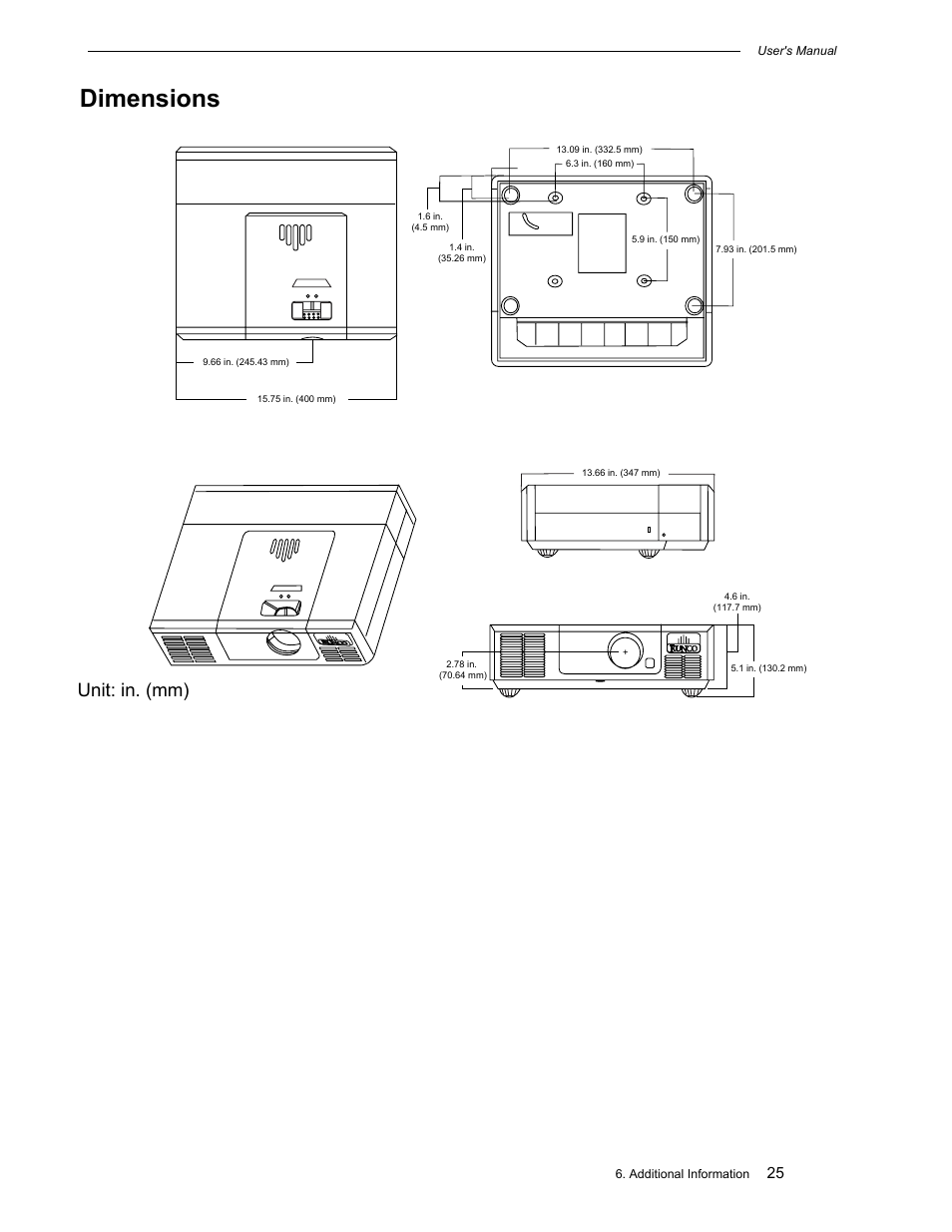 Dimensions, Unit: mm, Rs-232c control codes | Code, Function, Power on, Load memory 2 settings, Power off, Load memory 3 settings, Menu | Runco CL-500 User Manual | Page 29 / 32