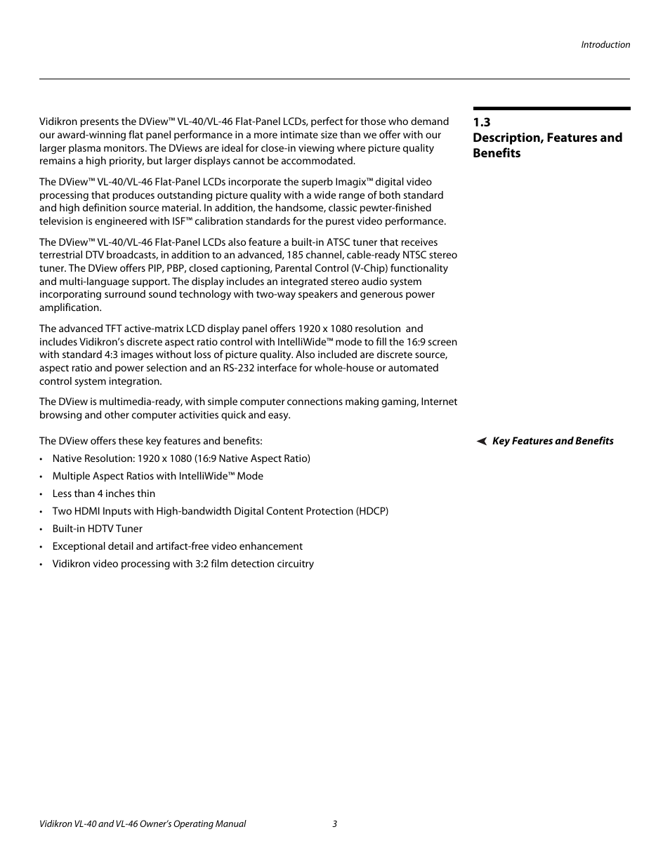 3 description, features and benefits, Key features and benefits, Description, features and benefits | Pre l iminar y | Runco VL-46 User Manual | Page 13 / 76